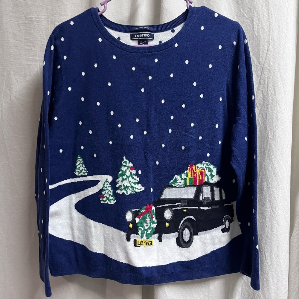 Lands End Navy Blue Christmas Sweater Women X Large Petite 100% Cotton Holiday